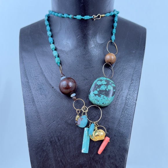 CHAN LUU Multi-beaded Turquoise Long Necklace w Crown Charm & Sterling 925 Clasp - Picture 3 of 16